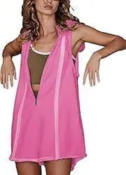 [Lingjiazi] Summer Rompers for Women Sleeveless Short Half Zip Up Hooded Athletic Romper Jumpsuit Overalls with Pockets