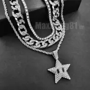 Silver Plated Alloy Cubic Zirconia Mario Star 18" Iced Cuban & Tennis chain Set