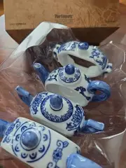 Pier One English Tea Time Porcelain White & Blue Teapot Napkin Rings Set 4 NEW