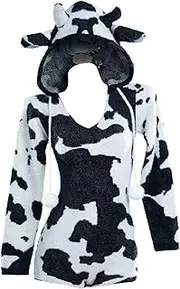 [Mobbunny] Women's Fuzzy Knit Sweater Pajamas Pink Cow Print Jumpsuit Fluffy Hooded Romper Bodysuit Onesies Pajamas Adult