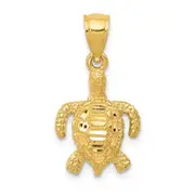 14K Yellow Gold Polished And Textured Diamond-Cut Sea Turtle Pendant
