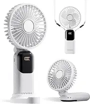 GOCKERA Portable Fan, 4200mAh Battery Operated Fan, 5 Speeds&Digital Display, Makeup Fans for Women with Base, 180°Foldable 3in1 Handheld/Neck/Desk Fan for Outdoor Indoor,Ultra Quiet (White)