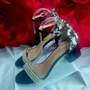 (Z) BETSEY JOHNSON Annela TweedPearl-studded block heel sandals, size 9