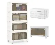 Costway 4-Tier Collapsible Storage Drawers Large Stackable Containers Box w/Lid Clothes Organizer Bedroom