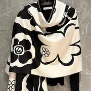 Women's Soft Faux Fur Shawl Scarf - Lightweight Warm Winter Blanket Wrap, Elegant Black White Floral Print, Versatile Fashion Accessory for Outdoor Casual We