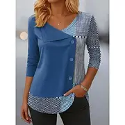 Women's Shirt Graphic Geometric Plaid Vintage Stylish Casual Long Sleeve Crew Neck V Neck Regular Tops Daily Patchwork Buttons Print Yellow Red Light Brown Blu