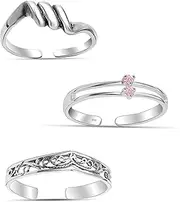 [LeCalla] Set of 3 Pcs 925 Sterling Silver CZ Toe Rings for Women | Pink CZ Twisted Seashell Filigree Design Toe Ring | Adjustable Cuff Toe Rings Set Summer Beach Foot Jewelry, Sterling Silver, No