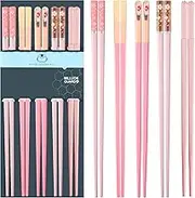 5 Pairs Fiberglass Chopsticks Dishwasher Safe, 9.6 in/24.3cm Non-Slip Reusable Premium Japanese Chinese Korean Lightweight Hair Chopsticks, Christmas Chop Stick Gift Set, Morandi Pink