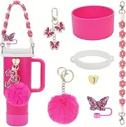 7Pcs Stanley Cup Accessories Set Including Silicone Straw Cover,Knit Handle Strap,Bottle Boot,Plush Butterfly Pendant for Stanley Cup 30oz & 40oz Tumbler