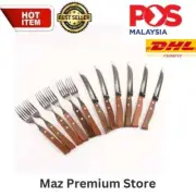 12pc Stainless Steel Steak Knives & Forks 6 Sets Wooden Sharp Knife Cutlery Set