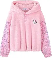 [WELAKEN] Girls' Button-Detail Fuzzy Sherpa Fleece Hoodie with Unicorn Patch & Sequin Sleeves – Cozy & Warm Kids' Pullover