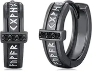 [Suiknsn] Viking Hoop Earrings for Men Women 925 Sterling Silver Black Earring Jewelry, Small, Sterling Silver Zircon, Zircon