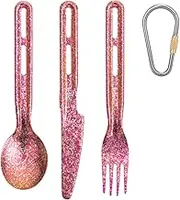 TiTo Titanium 3 Piece Cutlery Set, Ultralight Portabale Titanium Fork Spoon & Knife Tableware for Outdoor Camping Hiking Backpacking Travel Picnic Flatware with Titanium Carabiner (Rose Pink)