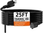 25 FT 16 Gauge Black Indoor Outdoor Extension Cord Waterproof, Flexible Cold Wea