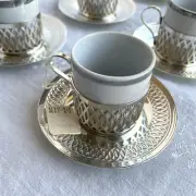 Vintage Cristofoli Porcelana Pozzani Silver Espresso Demitasse Set New in Box