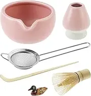 Matcha Whisk Set, Matcha Whisk Holder, 6pcs Bamboo Matcha Whisk and Bowl with Spout Matcha Sifter Spoon Ceramic Matcha Tea Set Kit for Matcha Tea Culture (Pink)