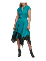 DKNY Women's Cap Sleeve Split Midi Fit Flare Dress Blue Size Medium
