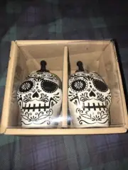 Painted Skulls Black & White Ceramic Salt & Pepper Shakers Set