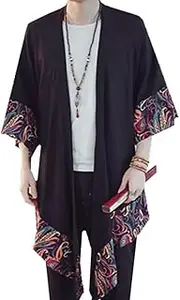 [HZCX FASHION] Men's Cotton Linen Long Kimono Jackets Open Front Cardigan Cloak