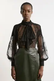 Tall Sheer Lace Balloon Sleeve Bow Detail Blouse
