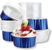 Heatunk 50pcs 5oz Mini Aluminum Pans with Lids - Foil Cups for Cupcakes, Ramekins, Baking - Dessert Cups for Cheesecakes and More - Dessert Containers in Blue