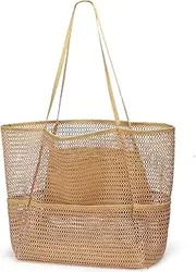 [Sightor] Mesh Beach Bag Large Tote Bag Women Shoulder Handbag with Multiple Pockets for Beach Picnic Vacation