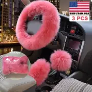 3Pcs Fashion Fluffy Fuzzy Wool Fur Soft Car Steering Wheel Cover Winter Pink (for: Audi)