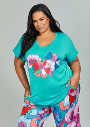 [Taking Shape] Taking Shape Bamboo Floral Bloom Pyjama Top Size 10 in Hawaiian Blue - Plus Size Women's Sleepwear Hawaiian Blue
