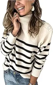 [KIRUNDO] Women's Long Sleeve Knit Turtleneck Striped Loose Sweater Deco with Metal Buttons