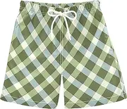 [Caihoyu] Plaid Green White Boys' Summer Swim Trunks for Children Adorable Boys' Swim Trunks for Beach Playtime 8T