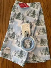 "SNOW COVERED TREES" kitchen towels with crochet towel ring holder (3pcs set)