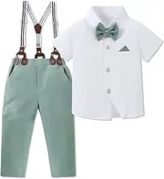 [SANGTREE] Baby Clothing, Baby Boy Clothes, Baby Boy Gentleman Outfits Short Sleeve Dress Shirt and Pants Suit with Detachable Bowtie and Suspenders, Light Green01, 4-5T = Tag 130
