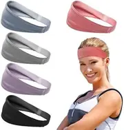[Kaslaider] 5 Pcs Sports Headband for Women, Elastic Non Slip Sweat Headband Cool and Quick Dry, Wide Sports Hairband for Yoga Running Fitness Gym Workout Tennis