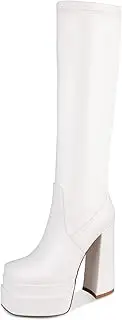 [wetkiss] Stacked Platform Knee High Boots for Women With High Chunky Heel, Gogo Boots for Women with Square Toe Side Zipper Stretch Boot