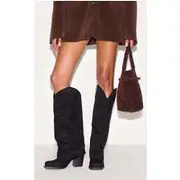 Black Suede Square Toe Fold Over Knee High Block Heel Western Boots, Black
