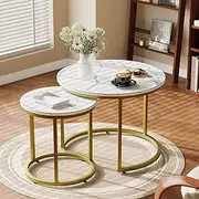Round Industrial Coffee End Table with Metal Frame, Nesting Coffee Table for Living Room Balcony, Set of 2
