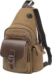 [SUIKIHUM] Canvas Sling Bag for Women Men, Crossbody Backpack Vintage Convertible, Rucksack Shoulder Bag W/Leather Accents for Outdoor Cycling Hiking Travel, Coffee, Coffee