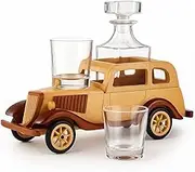 Vintage Car Whisky Decanter Set – Light Brown | Crafted MDF Wooden Car with 750ml Lead-Free Crystal Decanter & 4 Glasses | Unique for Whiskey Lovers