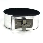 NWT $530 Tom Ford Womens Silver Leather Metal Turnlock Cuff Bracelet L AUTHENTIC