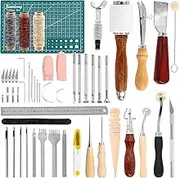 Swpeet 58Pcs Leather Tooling Kit, Essential Working Tools and Supplies, Including Hole Punch, Flat Chisel, Awls, Tracing Wheels, Multifunctional Groover, Swivel Knife, Edge Creaser S3381