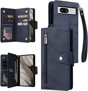 [YocoverTech] for Google Pixel 8a 5G Case,for Google Pixel 8a 5G Wallet Case[6 Card Slots and 1 Zipper Coin Pocket] PU Leather Stand Flip Cover with Wrist Strap[6.1"]-Blue