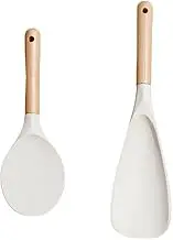 Cooking Spoon and Rice Scooper for Nonstick Cookwares, Great for Cooking and Serving Durable Silicone, Wood Handle Spoon for Mixing, Scoop, and Scrape (White, One Size)