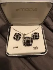 New In Box With Tags Sterling Silver White Black Diamonds Necklace Post Earrings