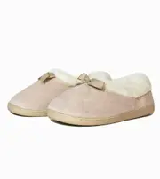 Ladies Plush Beige Slip On Slippers Satin Bow and Faux Fur Lining (14005)