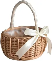 Flower Girl Basket, Woven Willow Basket with Handle Wicker Rattan Flower Candy Storage for Wedding Party Decor White.-