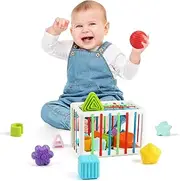 Jenilily Baby Shape Sorting Toy, Cube with 14PCS Sensory Shape Blocks, Sensory Bin Shape Sorter Toys Early Learning Education Toys for Toddlers Babies Gifts