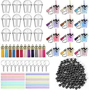 Cunno 348 Pcs Mini Milky Tea Keychain Accessories Bubble Tea Cream Glue Casting Includes 16 Keychain Rings, 16 Mini Cup Pendant Charm with 16 Tassels, 300 Bubble Beads for DIY Crafts