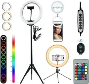 10” RGB Selfie Ring Light + 2 Stands + 15 Colors + 10 Brightness + Phone Holder
