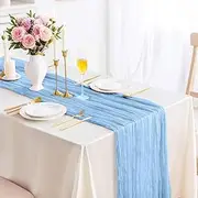 TuTive Baby Blue Cheesecloth Table Runner 13.3FT Long Boho Table Runner Spring Easter Gauze Wedding Dining Table Decorations for Holiday Birthday Party Baby Shower Event Decorations