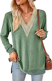 [iChunhua] Womens V Neck Lace Trim lightweight Soft Jumpers Ladies Colour Contrasts Splits Side Relaxed Fit Tunic Tops